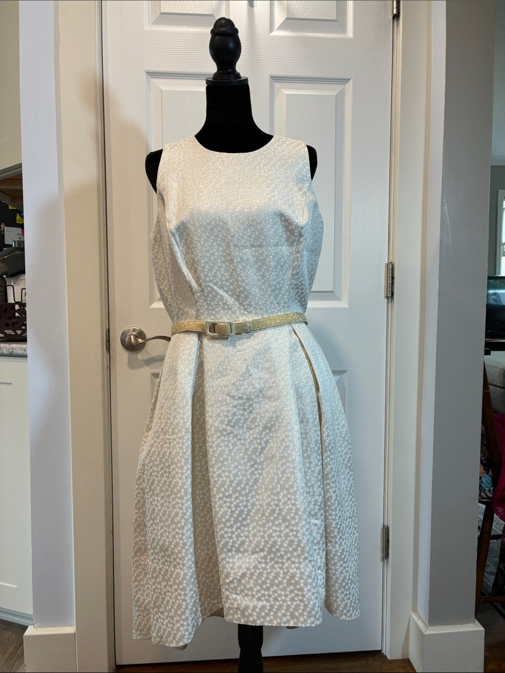 White House Black Market Ivory High-Low Textured Midi Dress with Metallic Belt